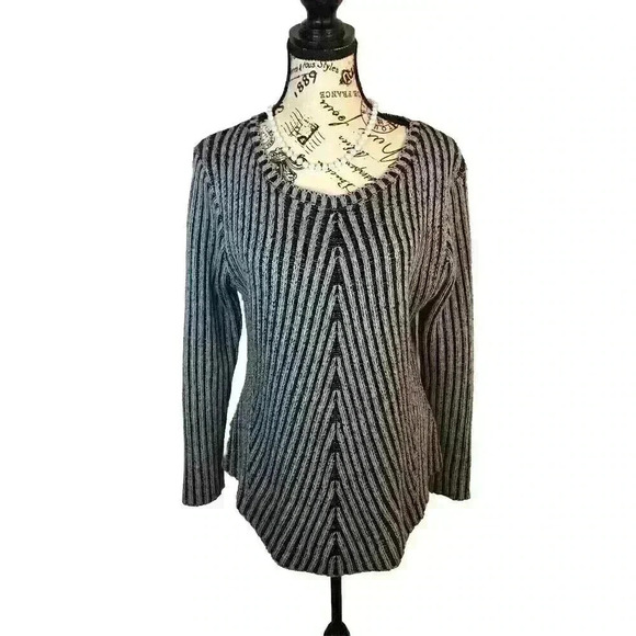 New Directions Belk Brand PXL Black Gray Stripe Sweater Asymetrical Hem - Picture 1 of 4